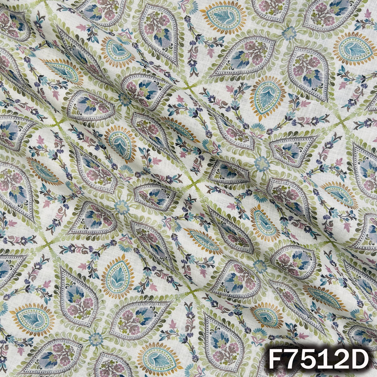 Beige linen cotton fabric with intricate paisley print