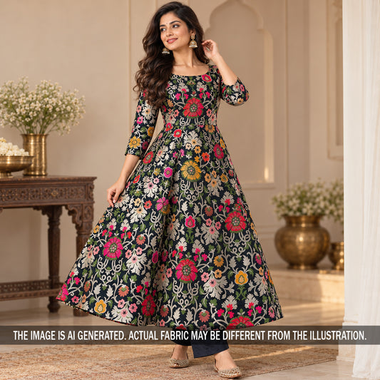 Black floral Banarasi silk gown styled on model