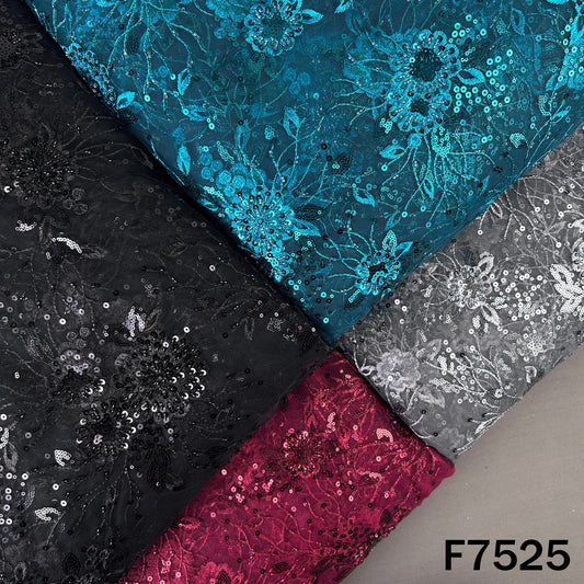 Multicolor embroidered net fabric with floral sequin work