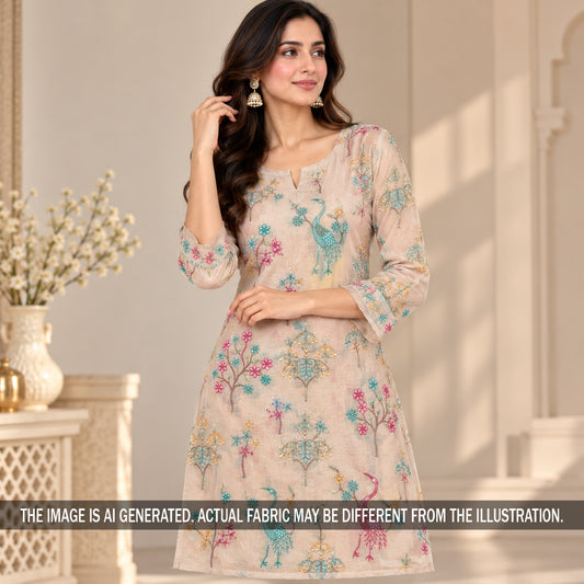 Beige embroidered Dola silk kurti styled on model
