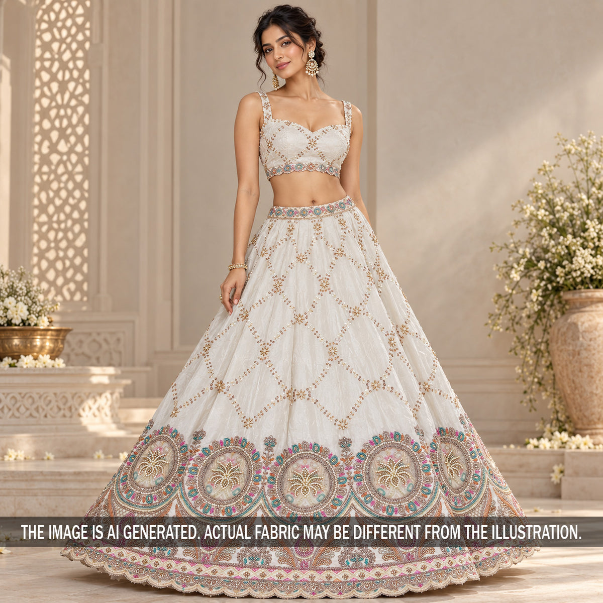 Ivory embroidered crepe lehenga fabric styled on model