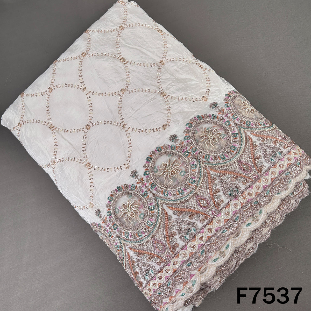 Ivory crepe fabric with patch work zari embroidery