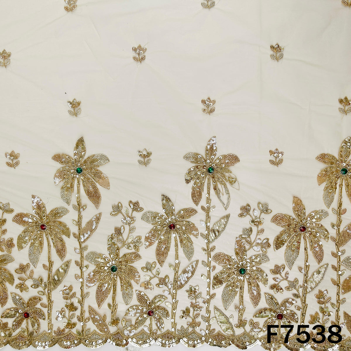Ivory designer net fabric with floral zari border