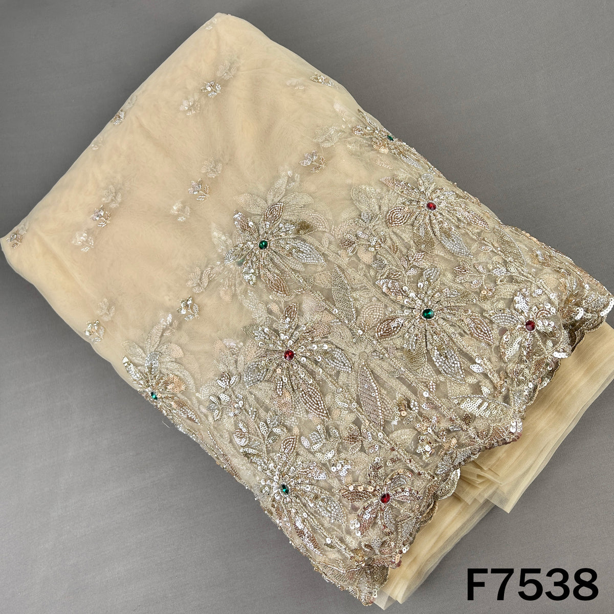 Ivory net fabric with cut dana stone embroidery