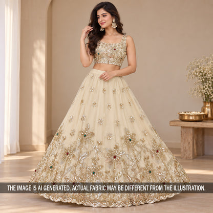 Ivory embroidered net lehenga fabric styled on model