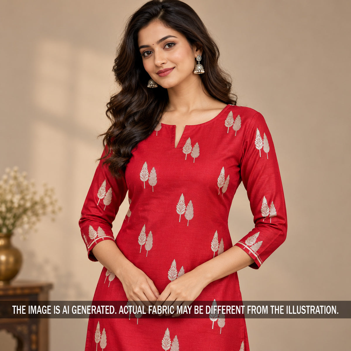 Red zari woven brocade silk kurti on model