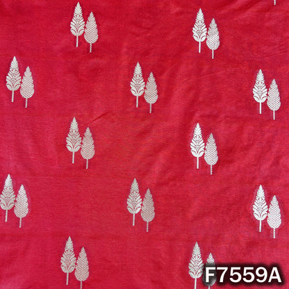 Traditional red silk brocade with scattered zari leaves