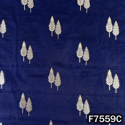 Dark blue zari brocade displaying silver leaf pattern