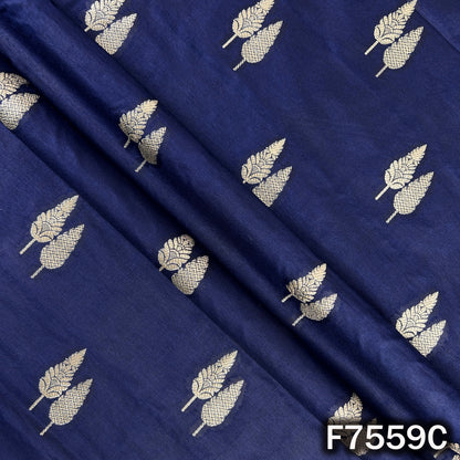 Flowing navy brocade silk with repeated woven foliage