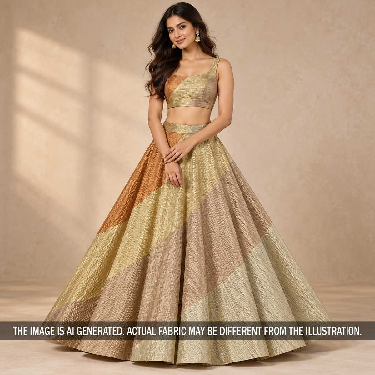 Gold Kanjivaram crush tissue lehenga worn by model