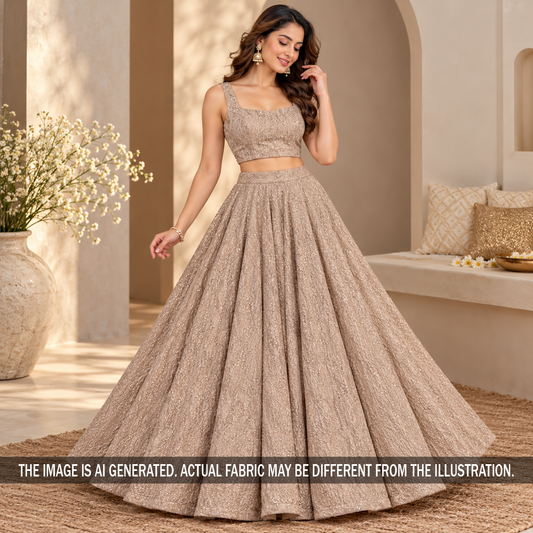 Beige self work crush tissue gown styled on model