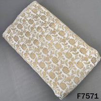 Ivory brocade silk fabric with golden floral zari