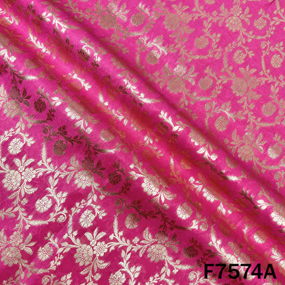 Draped pink brocade silk with golden vine motifs