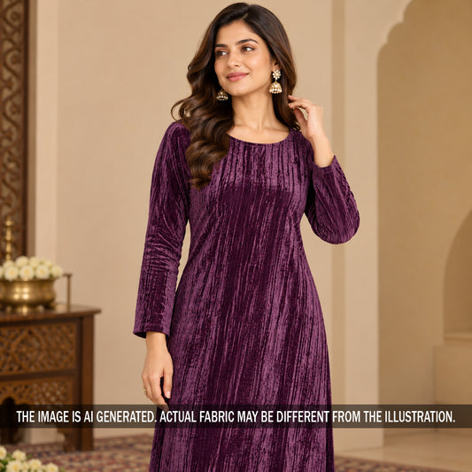 Purple crushed velvet gown styled on model