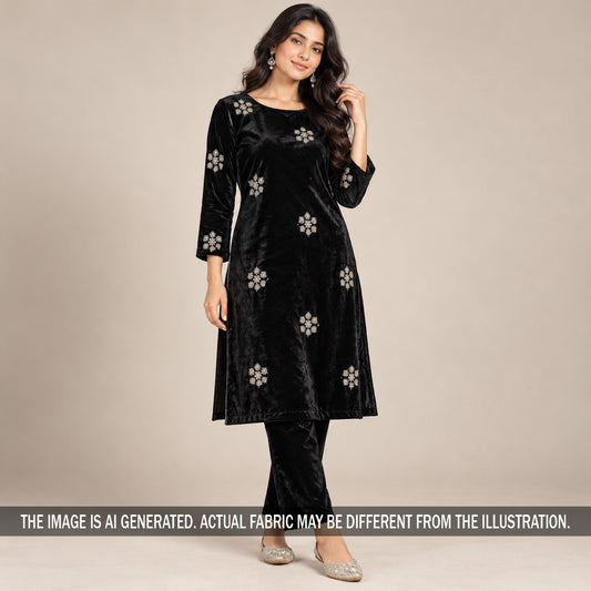 Black embroidered velvet suit styled on model