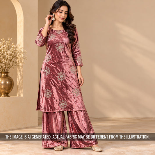 Dusty rose embroidered velvet suit styled on model