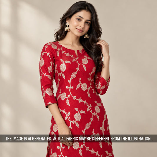 Red Banarasi brocade silk kurti styled on model