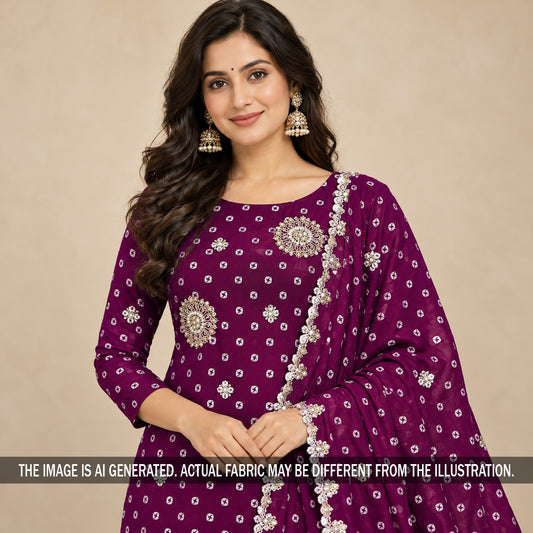 Magenta embroidered Chinnon chiffon suit styled on model