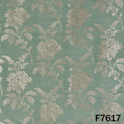 Mint green Monga silk with intricate golden floral and leafy motifs