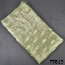 Sage green tissue organza fabric with woven zari buti motifs