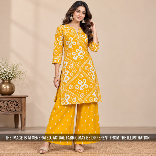 Yellow printed modal satin suit styled on model