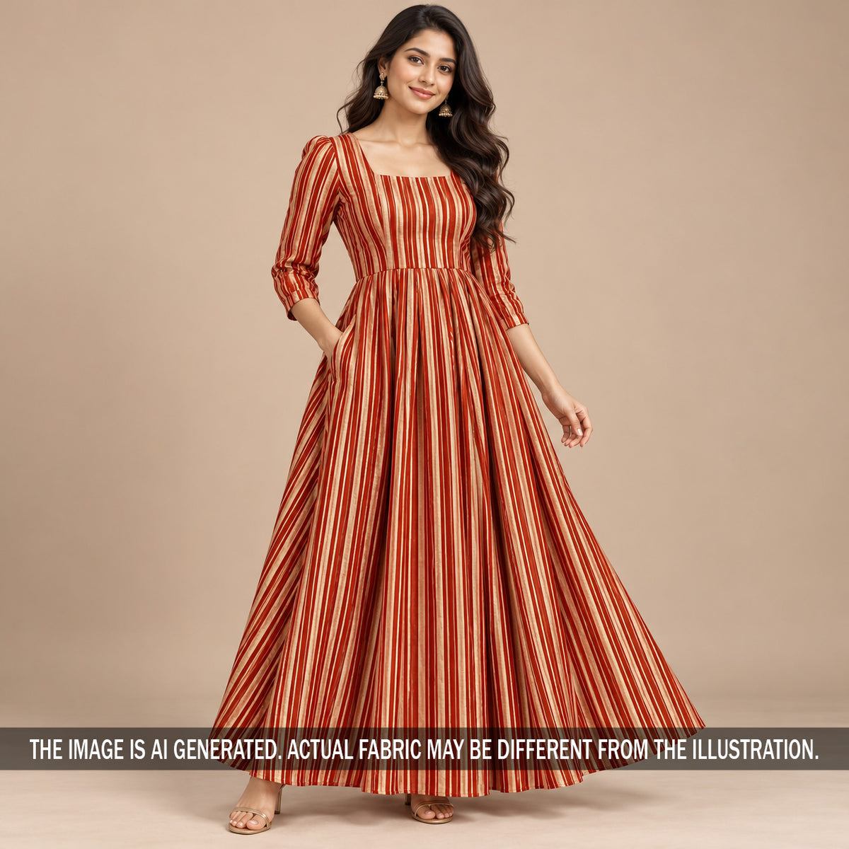 Rust orange striped crepe dress styled on model