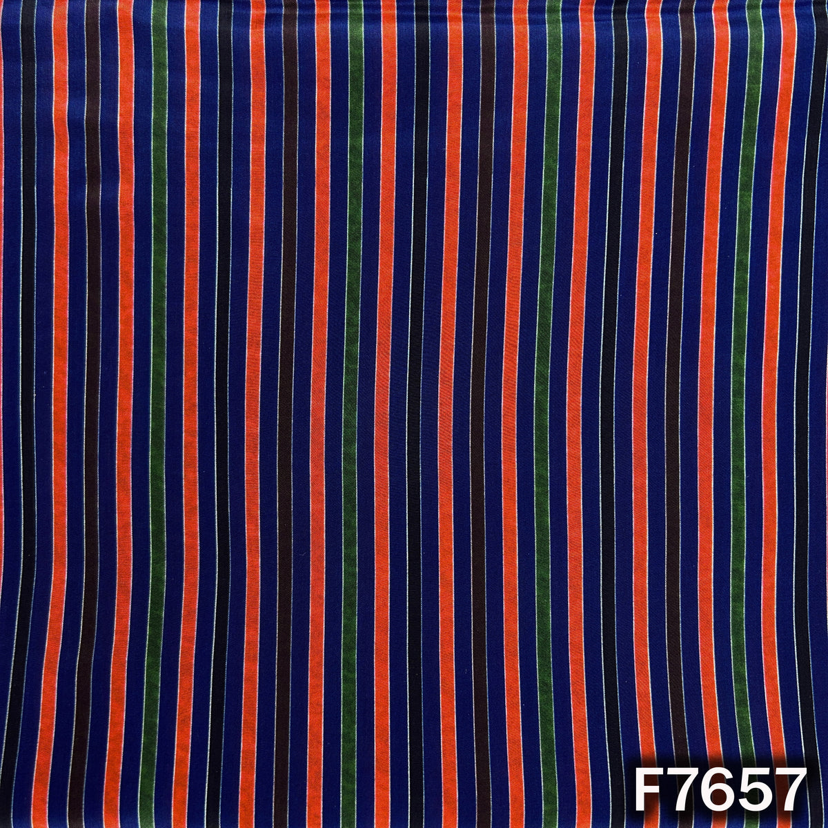 Navy blue crepe fabric with red, pink and blue stripes