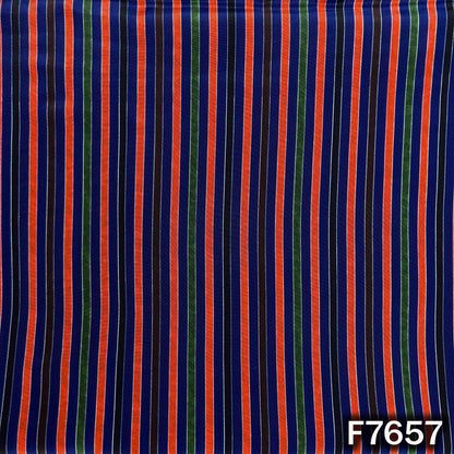 Navy blue crepe fabric with red, pink and blue stripes