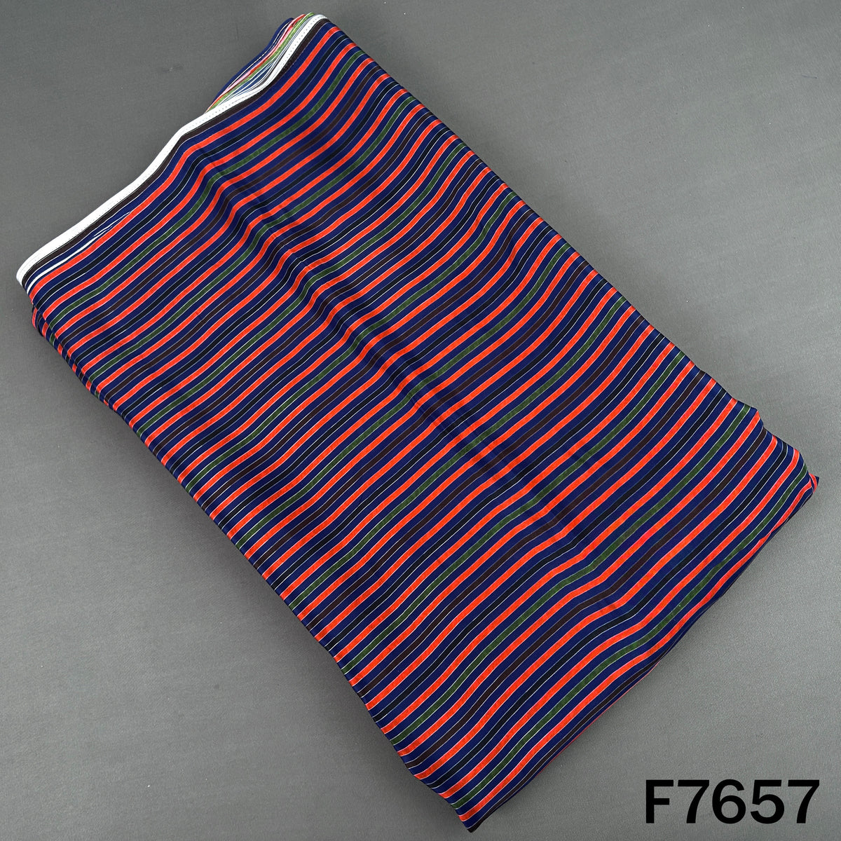 Navy blue crepe fabric with multicolor vertical stripes