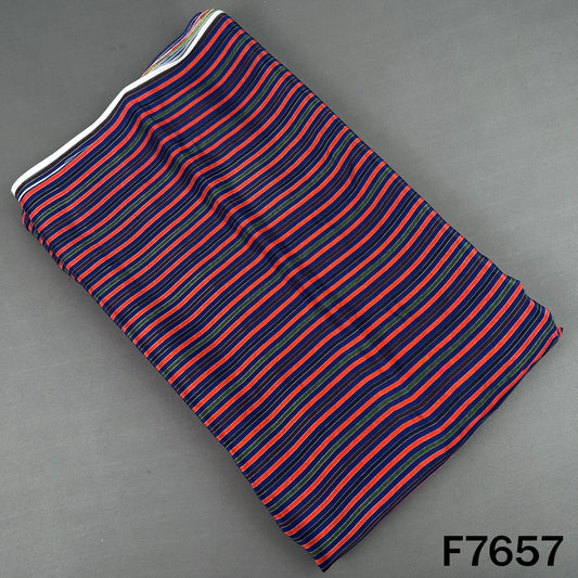 Navy blue crepe fabric with multicolor vertical stripes