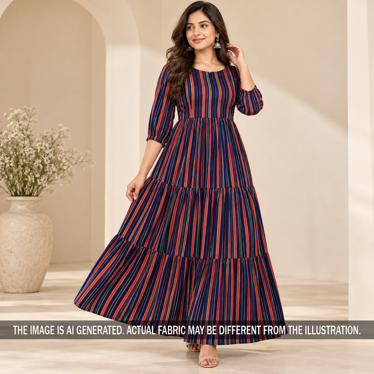 Multicolor striped crepe dress styled on model