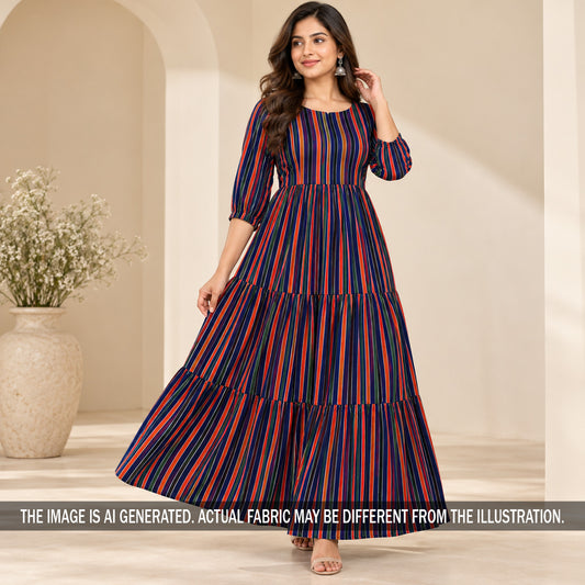 Multicolor striped crepe dress styled on model