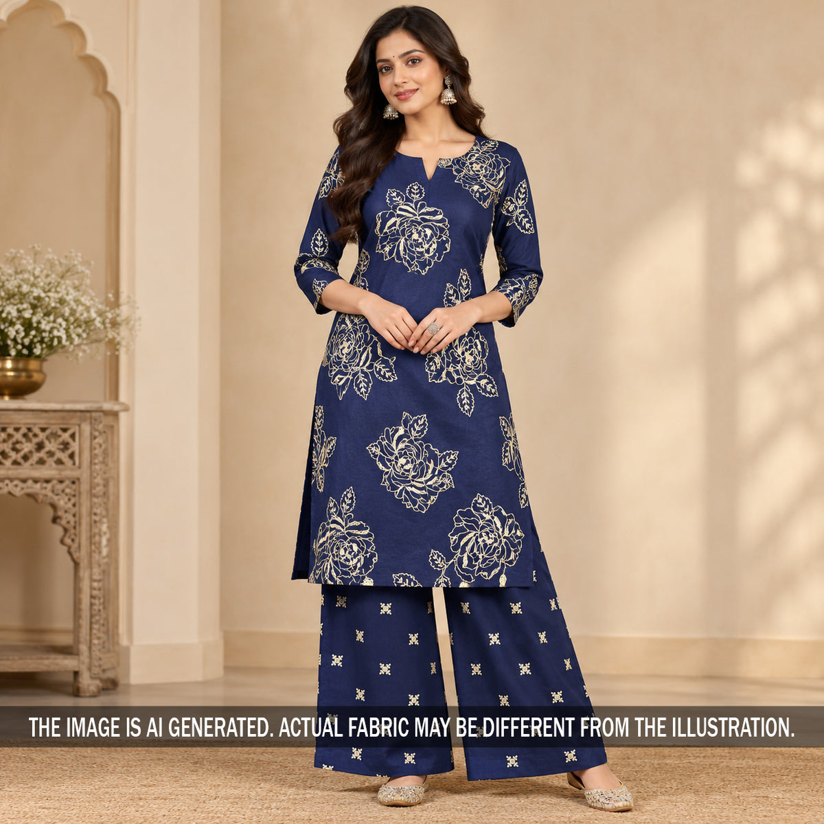 Navy blue floral embroidered Pure Chanderi silk suit styled on model