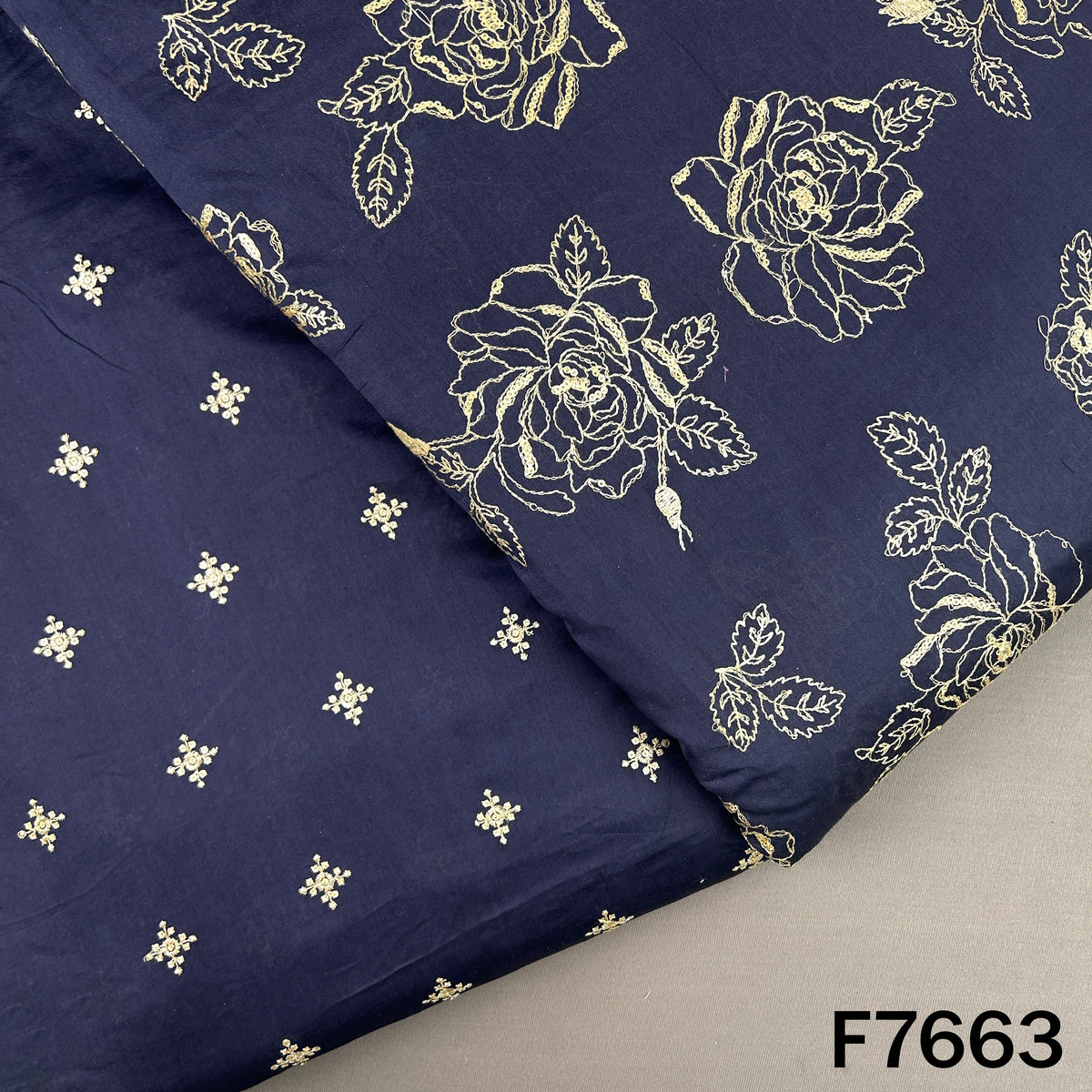 Navy blue Pure Chanderi silk top and bottom fabric with floral thread embroidery