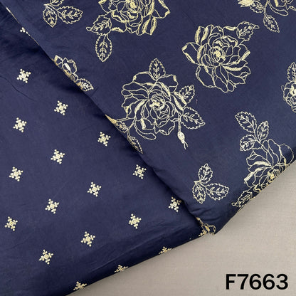 Navy blue Pure Chanderi silk top and bottom fabric with floral thread embroidery