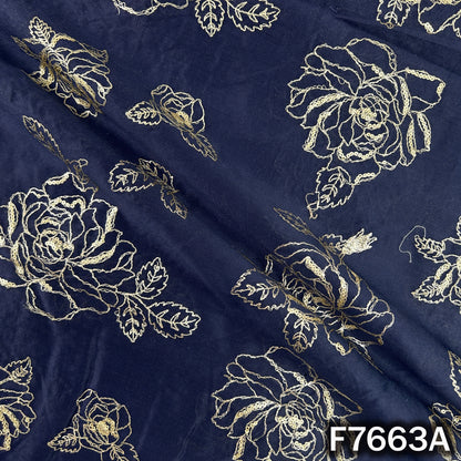 Draped navy blue Chanderi silk fabric with intricate rose embroidery