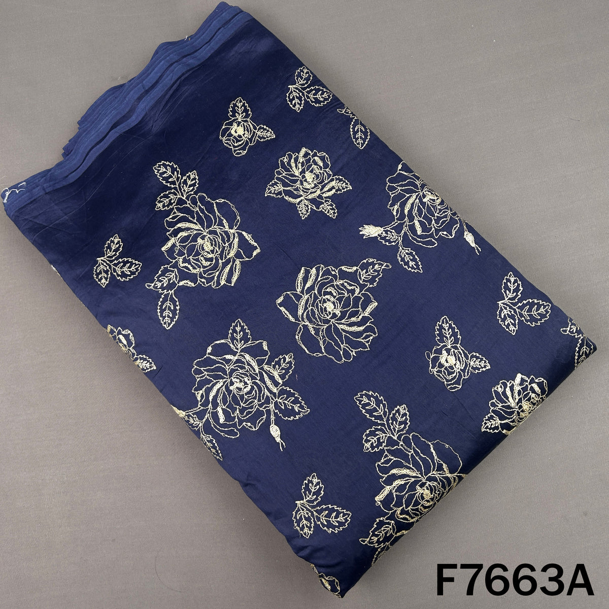 Navy blue Chanderi silk top fabric with rose floral thread and sequins work