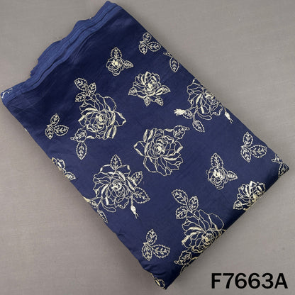 Navy blue Chanderi silk top fabric with rose floral thread and sequins work