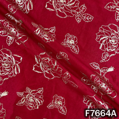 Draped maroon Chanderi silk fabric with intricate rose embroidery