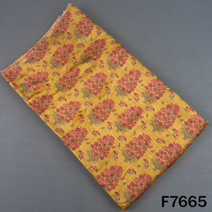 Mustard yellow Pure Monga silk fabric with pink floral motifs