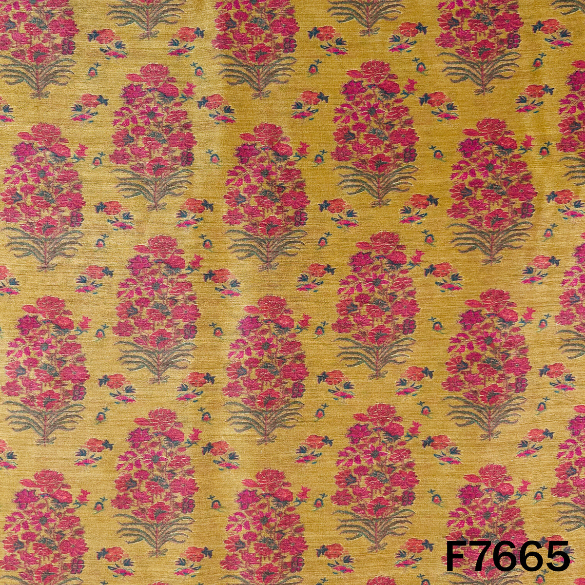 Yellow Monga silk fabric with intricate pink and red floral prints