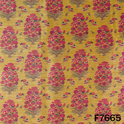 Yellow Monga silk fabric with intricate pink and red floral prints