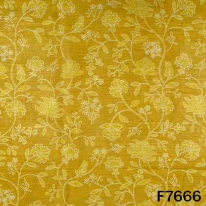 Yellow Monga silk fabric with intricate ivory floral and leafy motifs