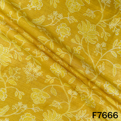 Draped mustard yellow Pure Monga silk fabric with elegant floral vine print
