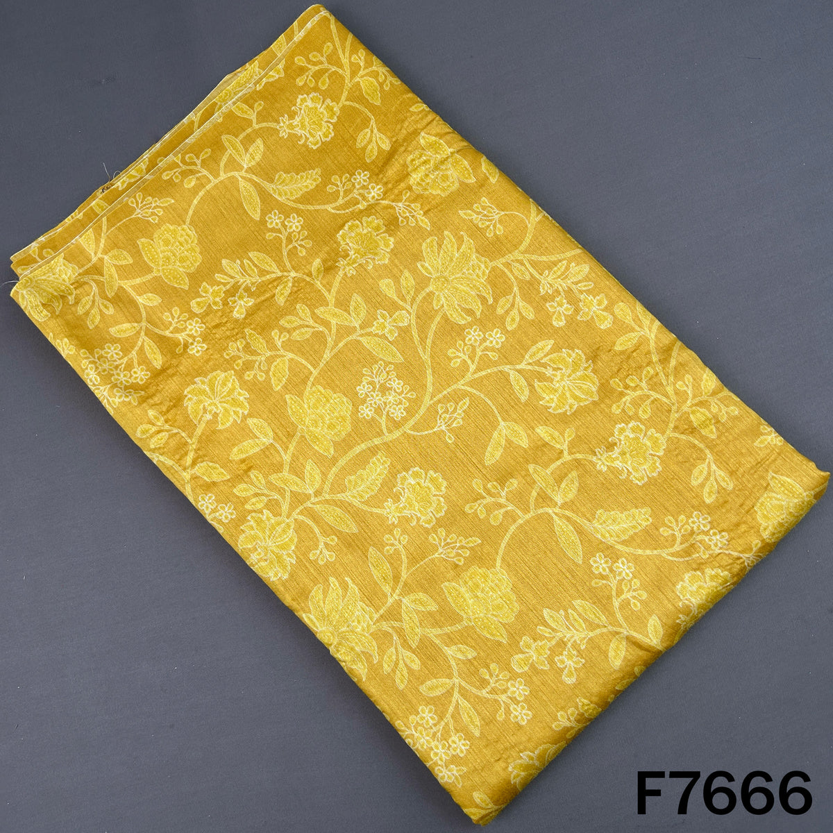 Mustard yellow Pure Monga silk fabric with ivory floral vine print