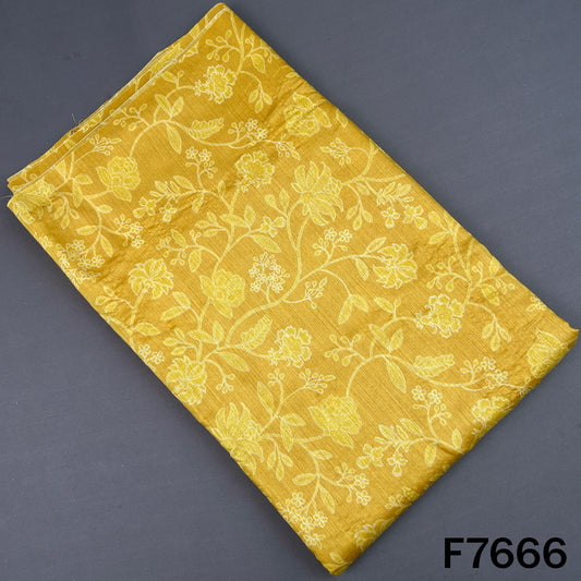 Mustard yellow Pure Monga silk fabric with ivory floral vine print