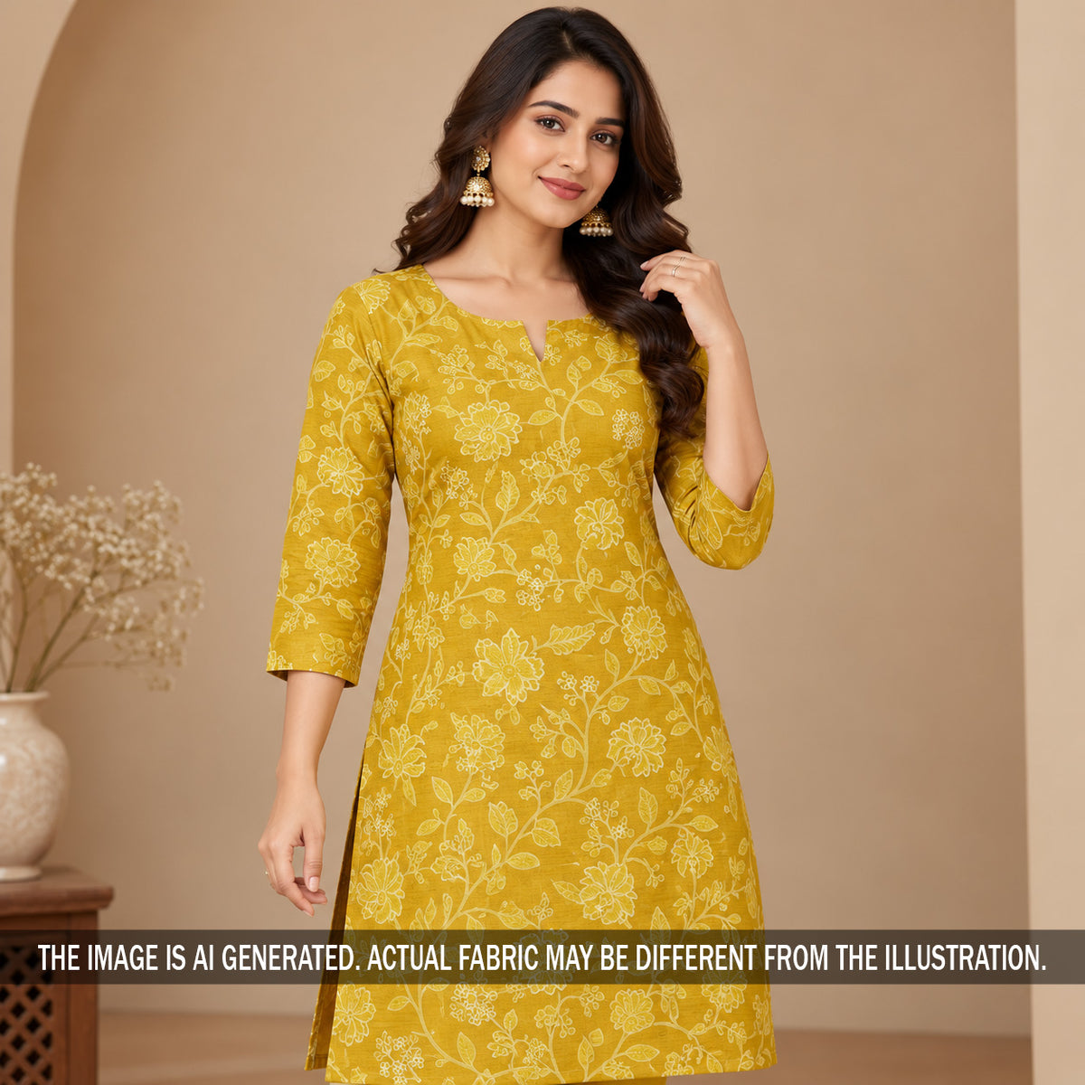 Mustard yellow printed Pure Monga silk kurti styled on model