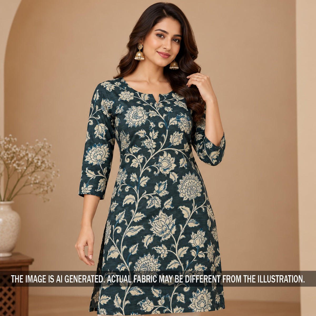 Dark green printed Pure Monga silk kurti styled on model