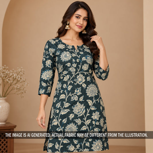 Dark green printed Pure Monga silk kurti styled on model