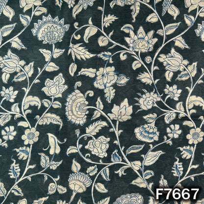 Dark green Monga silk fabric with intricate ivory floral and leafy motifs